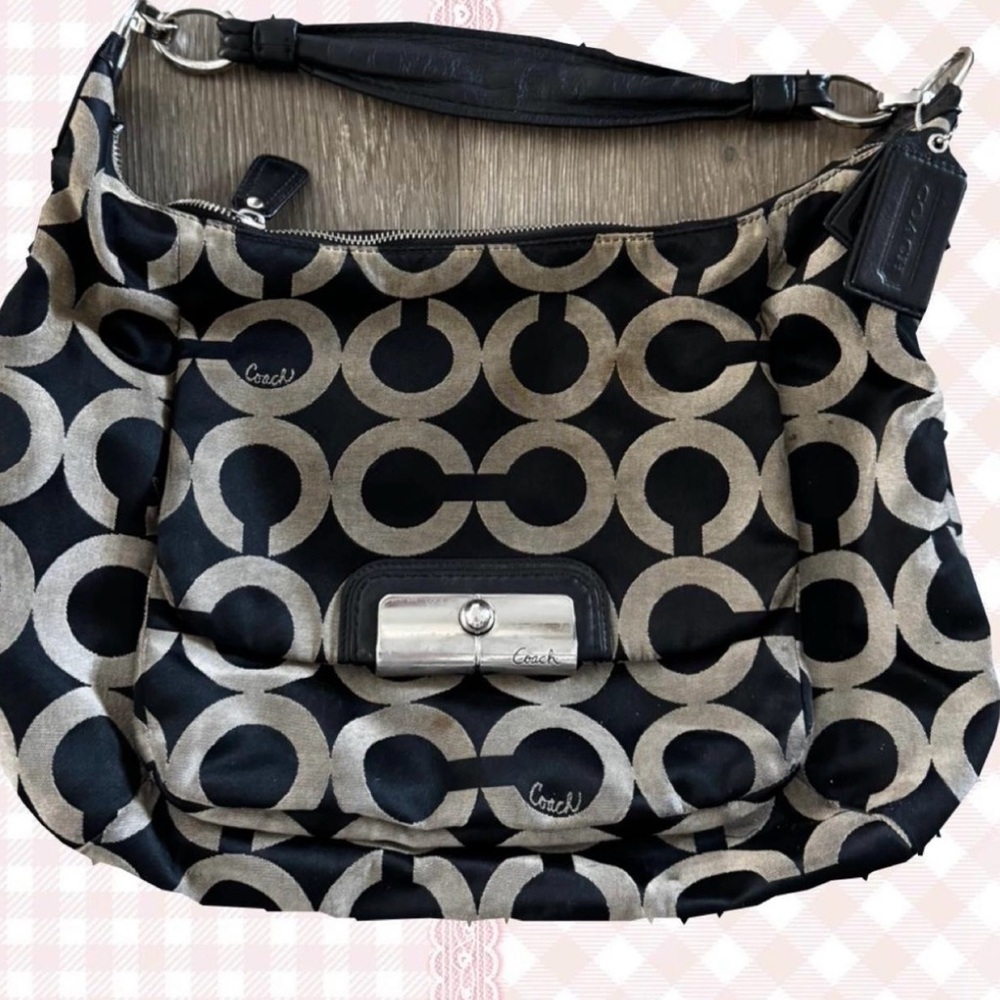 Coach Black and Silver Shoulder Bag with Signature Monogram🖤🩶